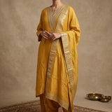 Mustard Yellow Silk Embroidered Straight Cut Suit With Border Highlight