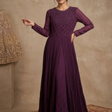 Deep Purple Georgette Anarkali Gown With Embroidered Geometric Neckline & Pleated Skirt
