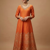Orange Silk Anarkali Set With Border Highlight And Embroidered Work