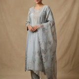 Powder Blue Organza Printed Straight Cut Suit With Floral Dupatta