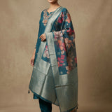Teal Silk Embroidered Straight Cut Suit With Floral Print Dupatta