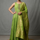 Bright Lime Green Silk Anarkali Set With Embroidered Round Neckline & Paithani Woven Dupatta