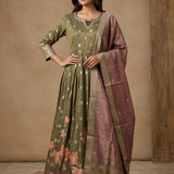 Sage Green Tissue Anarkali Set With Embroidered Round Neckline & Burgundy Printed Dupatta
