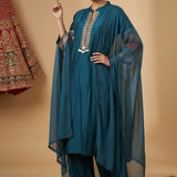 Teal Silk Embroidered Straight Cut Suit With Mandarin Collar