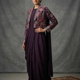 Deep Purple Georgette Anarkali Set With Floral Embroidered Short Jacket & Draped Skirt