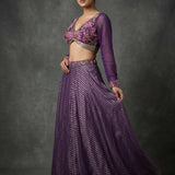 Deep Purple Crepe Lehenga Choli With Embroidered Floral Bustier & Striped Skirt