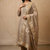 Beige Tissue Woven Straight Cut Suit With Floral Booti Dupatta