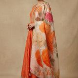 Bright Coral Orange Silk Anarkali Set With Embroidered Yoke & Multi-Floral Printed Dupatta