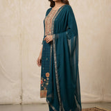Teal Georgette Embroidered Straight Cut Suit With Floral Border
