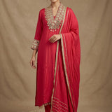 Red Silk Salwar Set With Embroidered Work And Border Highlight