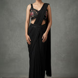 Jet Black Georgette Drape Saree With Embroidered Mirror Work Blouse