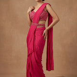 Deep Fuchsia Pink Georgette Drape Saree With Embroidered Geometric Blouse