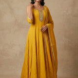 Bright Golden Yellow Cotton Anarkali Set With Embroidered Round Neckline & Gold Border Dupatta