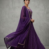 Deep Purple Silk Anarkali Set With All-Over Gold Butti Embroidery & Embroidered Dupatta