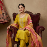 Embroidered Straight Cut Salwar Suit - Golden Yellow