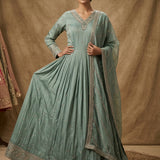 Sage Green Silk Anarkali Set With Butti Design And Embroidered Border Highlight