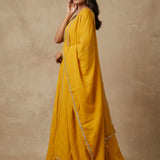 Bright Golden Yellow Cotton Anarkali Set With Embroidered Round Neckline & Gold Border Dupatta