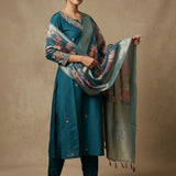 Teal Silk Embroidered Straight Cut Suit With Floral Print Dupatta