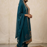 Teal Georgette Embroidered Straight Cut Suit With Floral Border