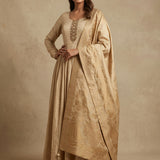 Beige Silk Anarkali Set With Butti Design And Woven Border Highlight
