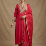 Red Silk Salwar Set With Embroidered Work And Border Highlight