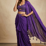 Deep Royal Purple Georgette Lehenga Choli With Embroidered Sweetheart Neckline & Flowing Shawl