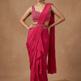 Deep Fuchsia Pink Georgette Drape Saree With Embroidered Geometric Blouse