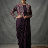 Deep Purple Georgette Anarkali Set With Floral Embroidered Short Jacket & Draped Skirt