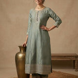 Sage Green Cotton Straight Kurti With Embroidered Round Neckline & Gold Border Dupatta