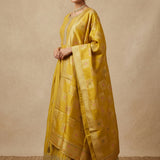 Mustard Yellow Silk Anarkali Set With All Over Design And Weaving Work