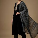 Black Velvet Straight Cut Suit With Ajrakh Print Dupatta