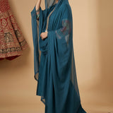 Teal Silk Embroidered Straight Cut Suit With Mandarin Collar