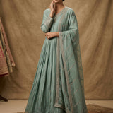 Sage Green Silk Anarkali Set With Butti Design And Embroidered Border Highlight