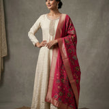 Cream Beige Cotton Anarkali Set With Embroidered Round Neckline & Red Floral Printed Dupatta