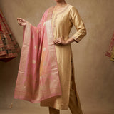 Gold Tissue Woven Straight Cut Suit With Pink Border Dupatta