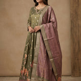 Sage Green Tissue Anarkali Set With Embroidered Round Neckline & Burgundy Printed Dupatta