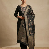 Black Silk Salwar Set With Woven Border Highlight And Embroidered Work