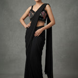 Jet Black Georgette Drape Saree With Embroidered Mirror Work Blouse
