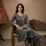 Grey Chanderi Woven Straight Cut Suit With Floral Border Dupatta