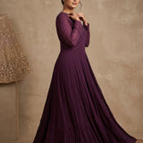 Deep Purple Georgette Anarkali Gown With Embroidered Geometric Neckline & Pleated Skirt