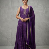 Deep Purple Silk Anarkali Set With All-Over Gold Butti Embroidery & Embroidered Dupatta