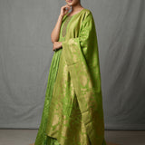 Bright Lime Green Silk Anarkali Set With Embroidered Round Neckline & Paithani Woven Dupatta