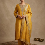 Mustard Yellow Silk Embroidered Straight Cut Suit With Border Highlight