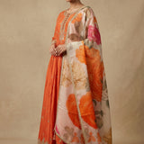 Bright Coral Orange Silk Anarkali Set With Embroidered Yoke & Multi-Floral Printed Dupatta