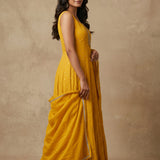 Bright Golden Yellow Cotton Anarkali Set With Embroidered Round Neckline & Gold Border Dupatta