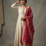 Cream Beige Cotton Anarkali Set With Embroidered Round Neckline & Red Floral Printed Dupatta