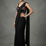 Jet Black Georgette Drape Saree With Embroidered Mirror Work Blouse
