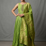 Bright Lime Green Silk Anarkali Set With Embroidered Round Neckline & Paithani Woven Dupatta