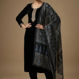 Black Velvet Straight Cut Suit With Ajrakh Print Dupatta