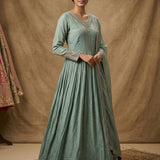 Sage Green Silk Anarkali Set With Butti Design And Embroidered Border Highlight